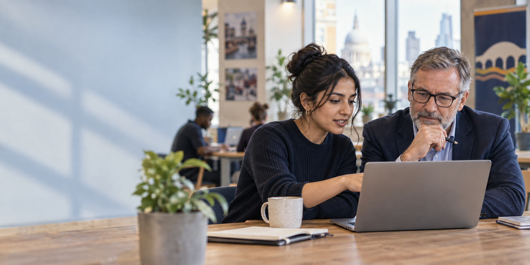 A younger and an older professional working together at a laptop